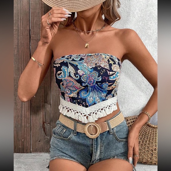 Boho floral print fringe hem tie back crop top - Picture 4 of 12